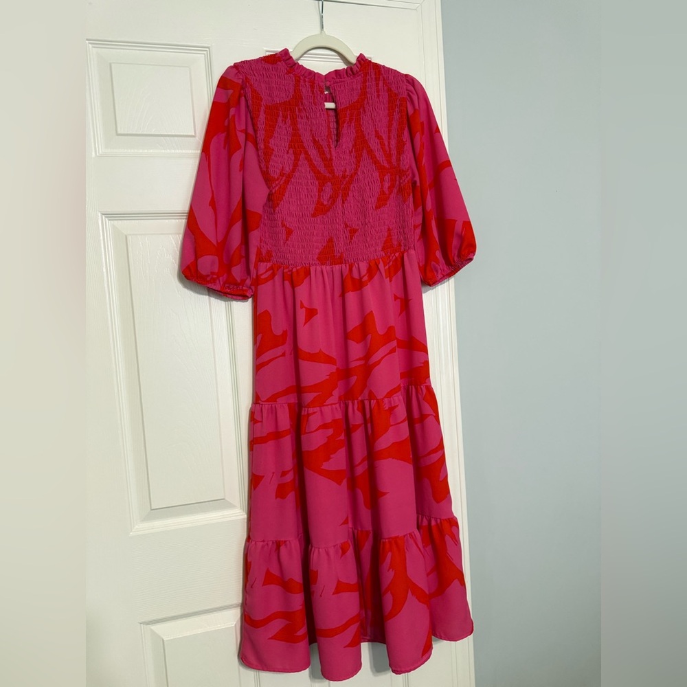 Sugarlips Pink and Red Smocked Midi Dress - Picture 3 of 4